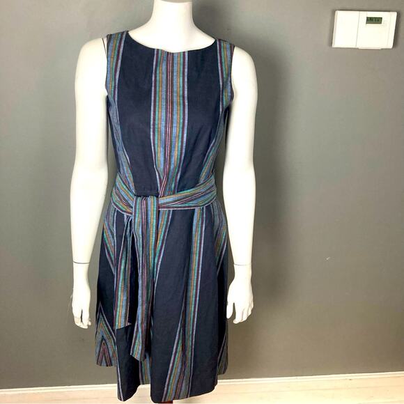 L.L. Bean Signature dress size 4 striped apron tie blanked serape black cotton - Picture 1 of 15